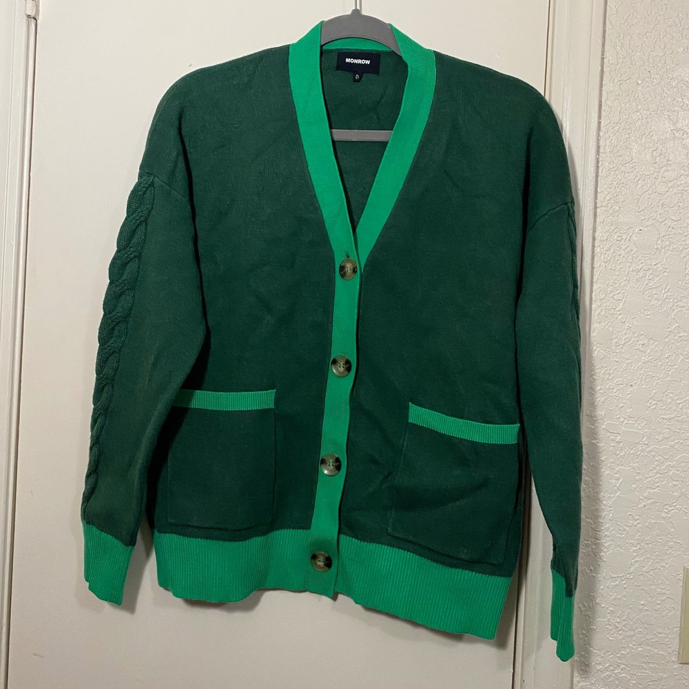 MONROW Cardigan‎ Sweater XS Green Knit Cable Sleeve Pockets Womenswear